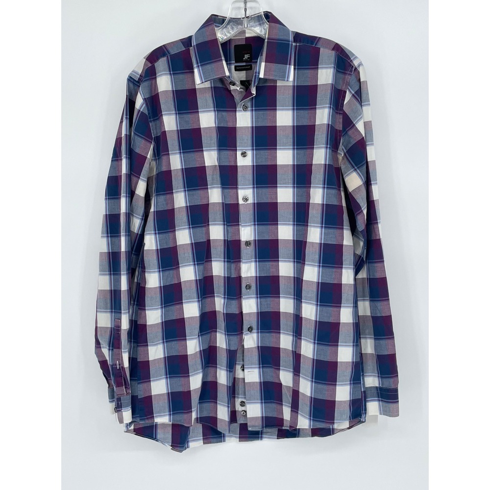 J.Ferrar Mens Slim Fit Plaid Button Down Shirt Purple Blue Cotton Stretch M 15.5